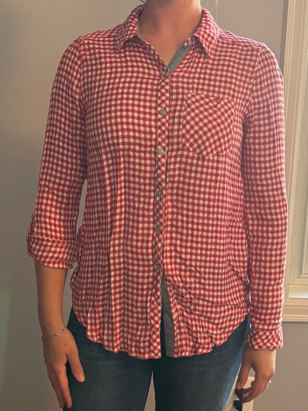 Lucky Brand Red and White Gingham Button-Down Shirt